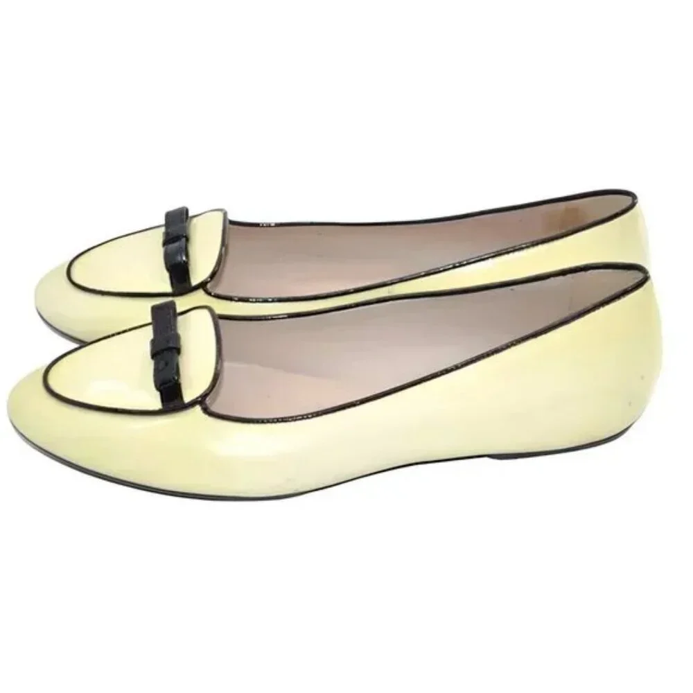 LK Bennet LKB Lemon Yellow Black Bow Cap Toe Patent Leather Shoes Loafers 39 8 - Picture 4 of 11